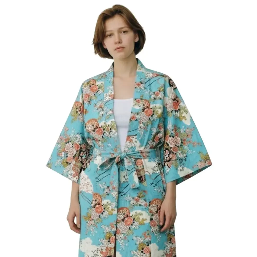 Vintage 1960s Japanese Rayon Kimono Robe Aqua Blue Floral Cloud Print OS -